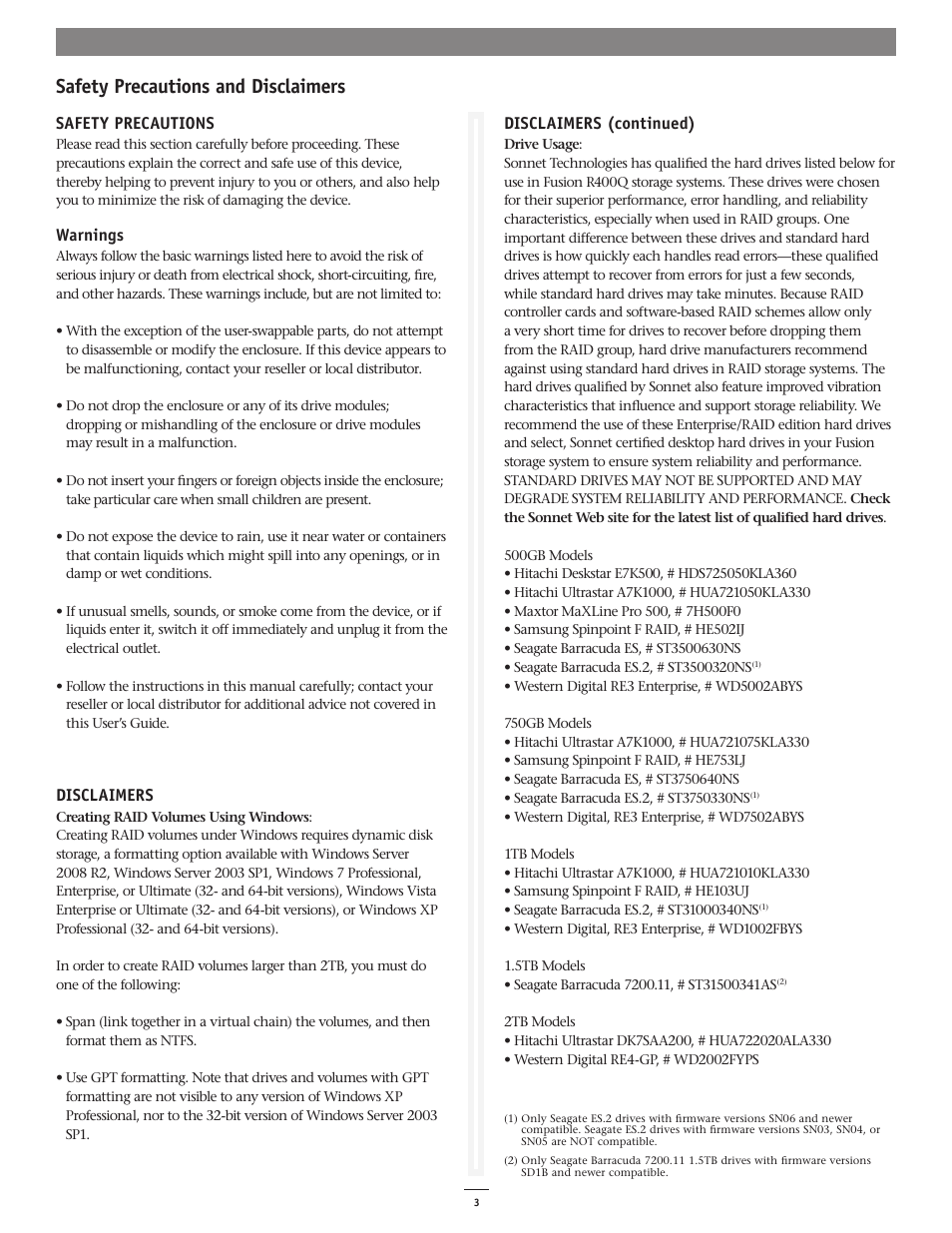 Safety precautions and disclaimers, Safety precautions, Warnings | Disclaimers, Disclaimers (continued) | Sonnet Technologies Fusion R400Q (Without Drives) User Manual | Page 3 / 8