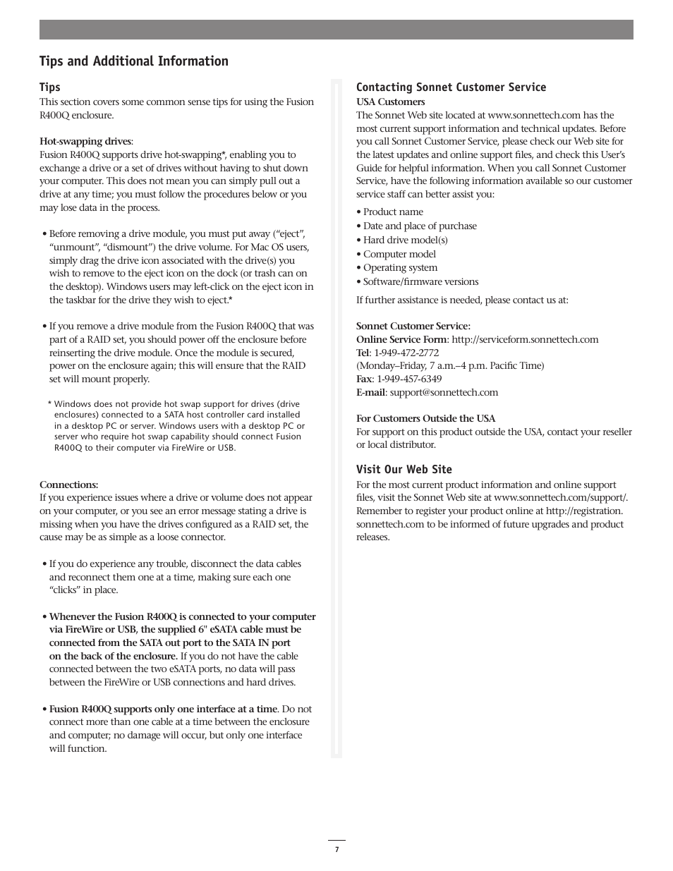 Tips and additional information | Sonnet Technologies Fusion R400Q (Without Drives) User Manual | Page 7 / 8