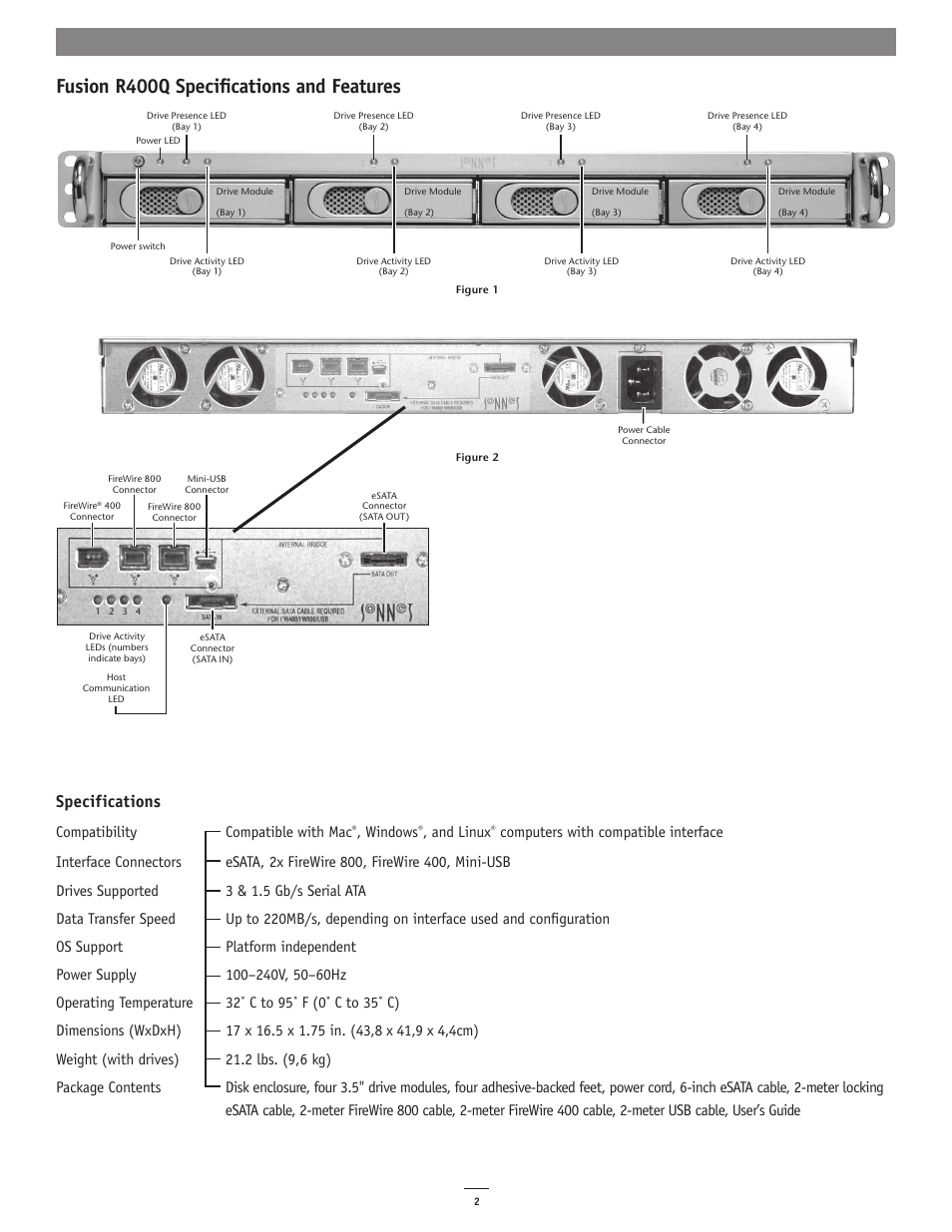 Fusion r400q specifications and features, Specifications, Compatibility compatible with mac | Windows, And linux | Sonnet Technologies Fusion R400Q (With Drives) User Manual | Page 2 / 6