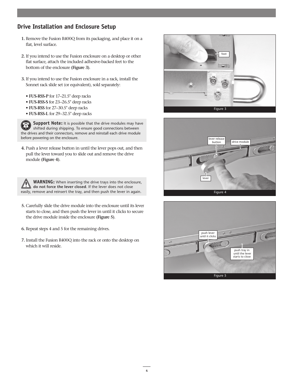 Drive installation and enclosure setup | Sonnet Technologies Fusion R400Q (With Drives) User Manual | Page 4 / 6