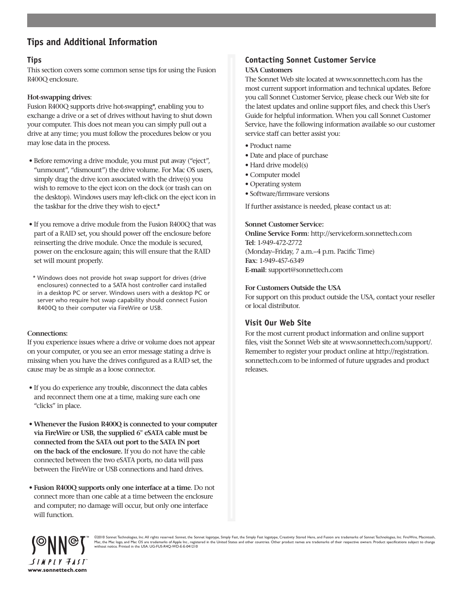 Tips and additional information | Sonnet Technologies Fusion R400Q (With Drives) User Manual | Page 6 / 6