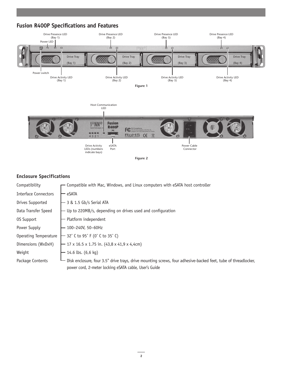 Fusion r400p specifications and features, Enclosure specifications | Sonnet Technologies Fusion R400P (Without Drives) User Manual | Page 2 / 6