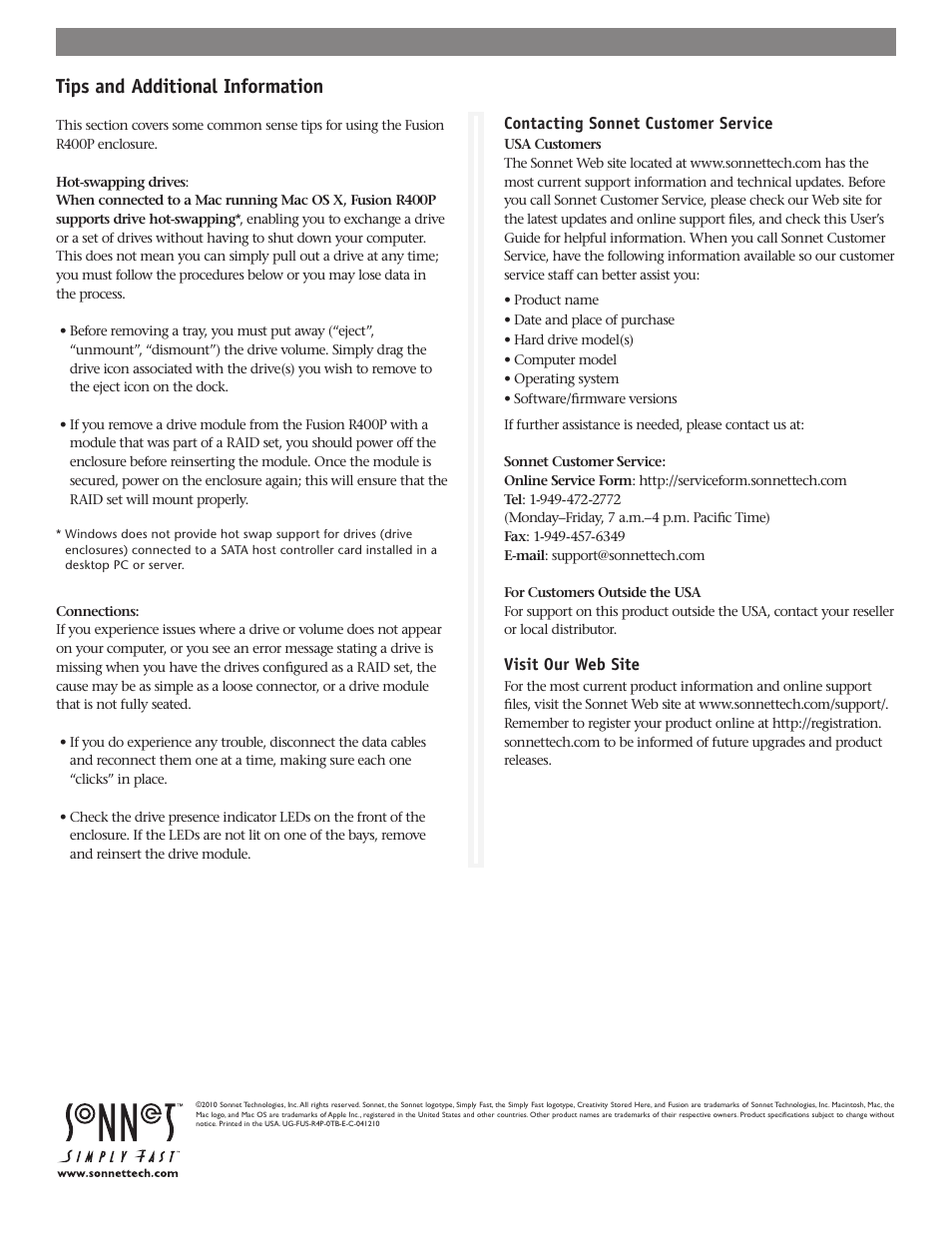 Tips and additional information | Sonnet Technologies Fusion R400P (Without Drives) User Manual | Page 6 / 6