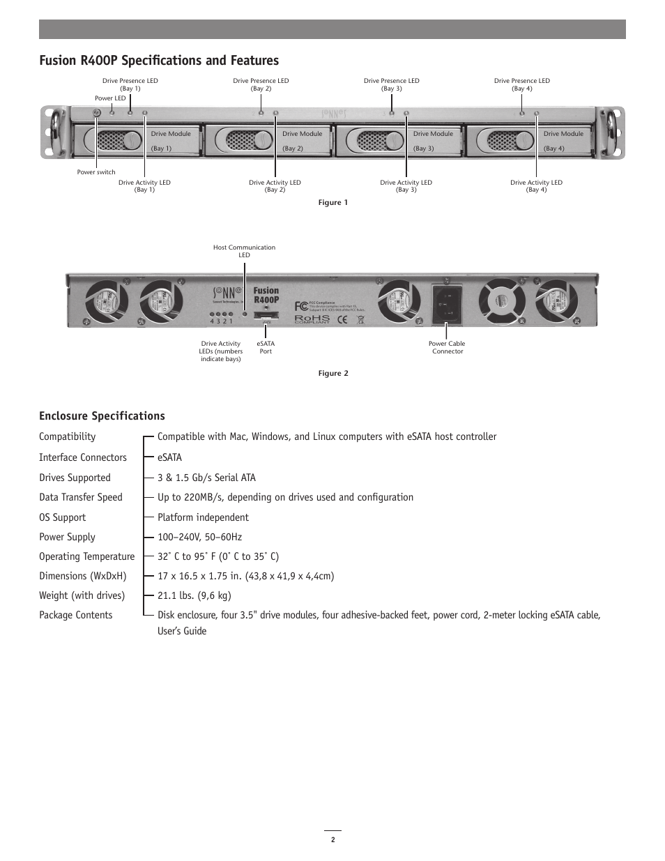 Fusion r400p specifications and features, Enclosure specifications | Sonnet Technologies Fusion R400P (With Drives) User Manual | Page 2 / 6