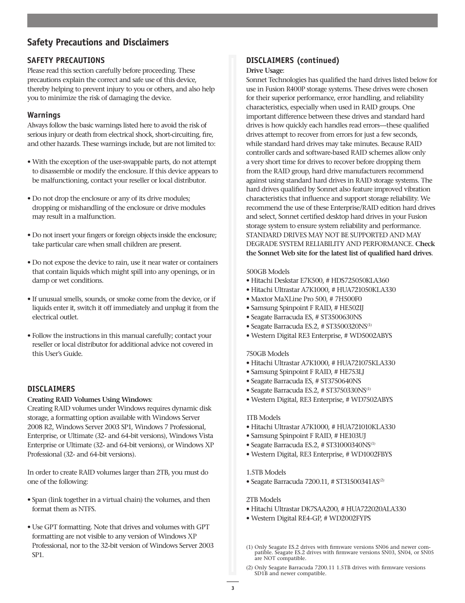 Safety precautions and disclaimers, Safety precautions, Warnings | Disclaimers, Disclaimers (continued) | Sonnet Technologies Fusion R400P (With Drives) User Manual | Page 3 / 6