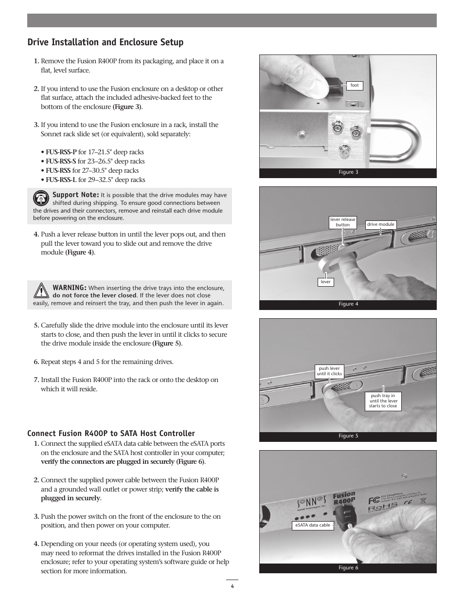 Drive installation and enclosure setup, Connect fusion r400p to sata host controller | Sonnet Technologies Fusion R400P (With Drives) User Manual | Page 4 / 6