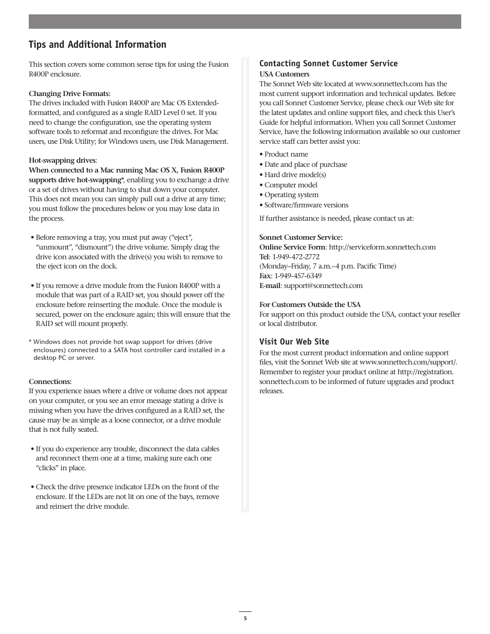 Tips and additional information | Sonnet Technologies Fusion R400P (With Drives) User Manual | Page 5 / 6