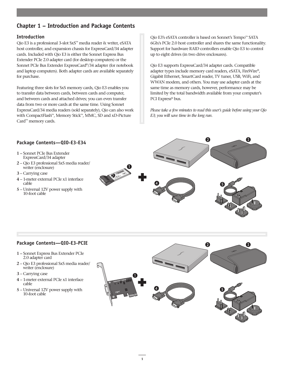 Chapter 1 – introduction and package contents, Package contents—qio-e3-e34, Package contents—qio-e3-pcie | Introduction | Sonnet Technologies Qio E3 User Manual | Page 5 / 20