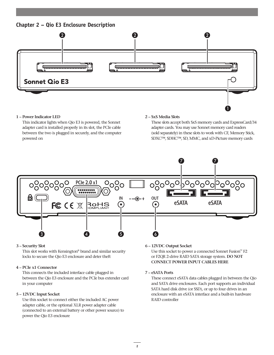 Chapter 2 – qio e3 enclosure description | Sonnet Technologies Qio E3 User Manual | Page 6 / 20