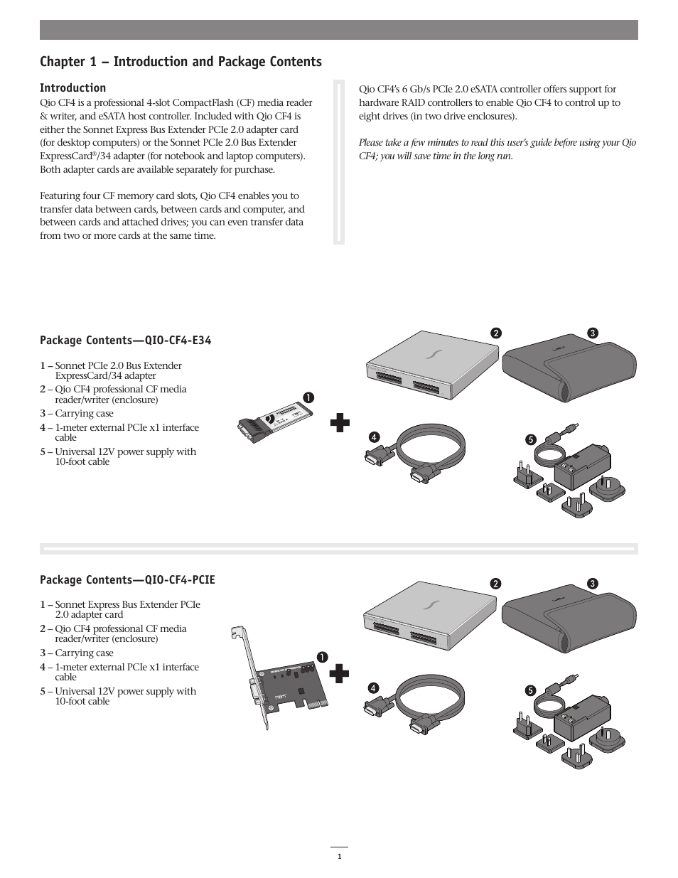 Chapter 1 – introduction and package contents | Sonnet Technologies Qio CF4 User Manual | Page 5 / 16