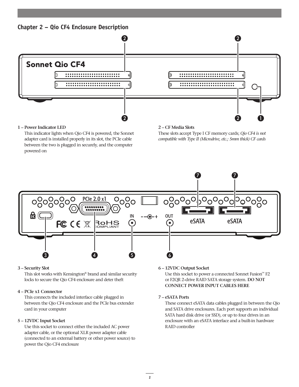 Chapter 2 – qio cf4 enclosure description | Sonnet Technologies Qio CF4 User Manual | Page 6 / 16