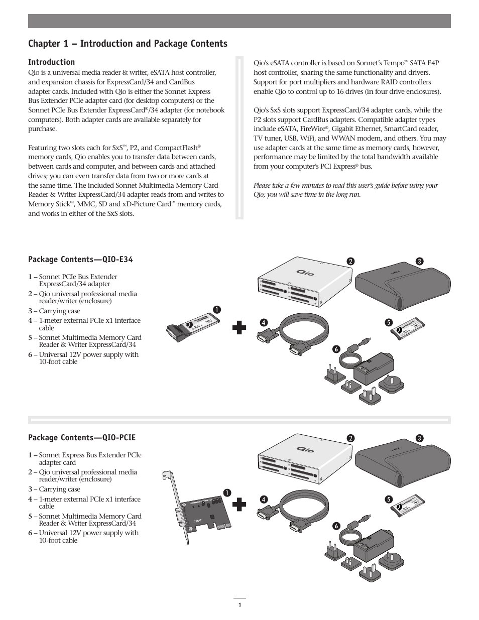 Chapter 1 – introduction and package contents, Package contents—qio-e34, Package contents—qio-pcie | Introduction | Sonnet Technologies Qio Mac User Manual | Page 5 / 16