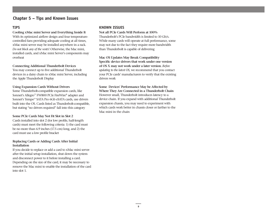 Chapter 5 – tips and known issues | Sonnet Technologies xMac mini Server (Revisions A - C) User Manual | Page 13 / 16
