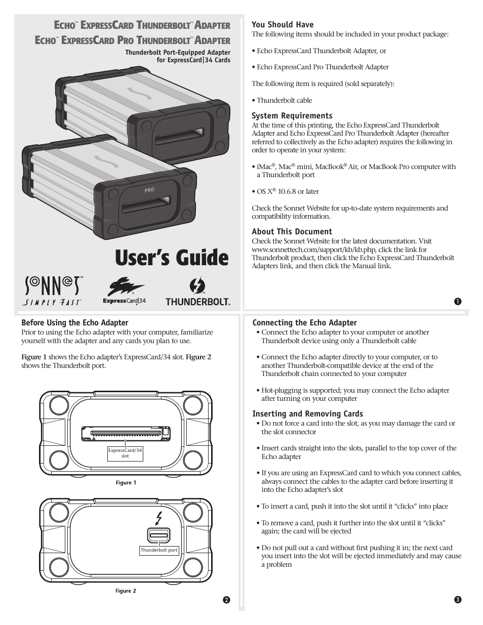 Sonnet Technologies Echo ExpressCard Thunderbolt Adapters User Manual | 2 pages