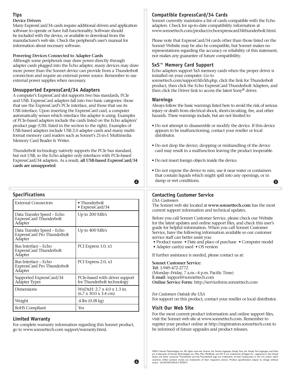 Sonnet Technologies Echo ExpressCard Thunderbolt Adapters User Manual | Page 2 / 2