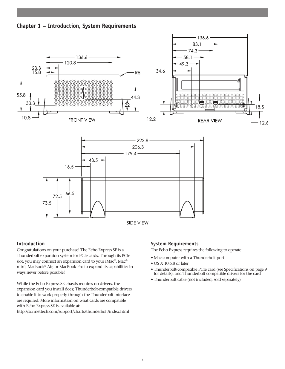 Chapter 1 – introduction, system requirements, Introduction, System requirements | Sonnet Technologies Echo Express SE Thunderbolt Expansion Chassis User Manual | Page 5 / 14