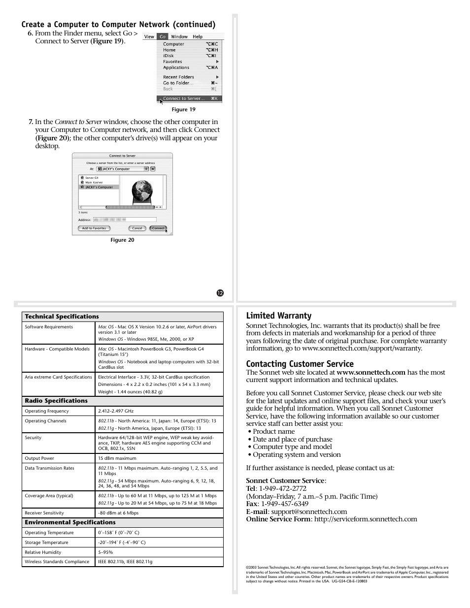 Limited warranty, Contacting customer service, Create a computer to computer network (continued) | Sonnet Technologies Aria extreme CardBus User Manual | Page 4 / 4