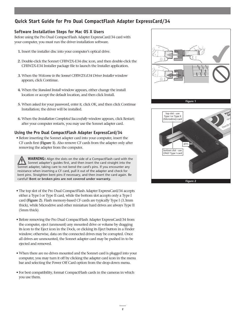 Software installation steps for mac os x users | Sonnet Technologies Pro Dual CompactFlash Adapter ExpressCard_34 User Manual | Page 2 / 2