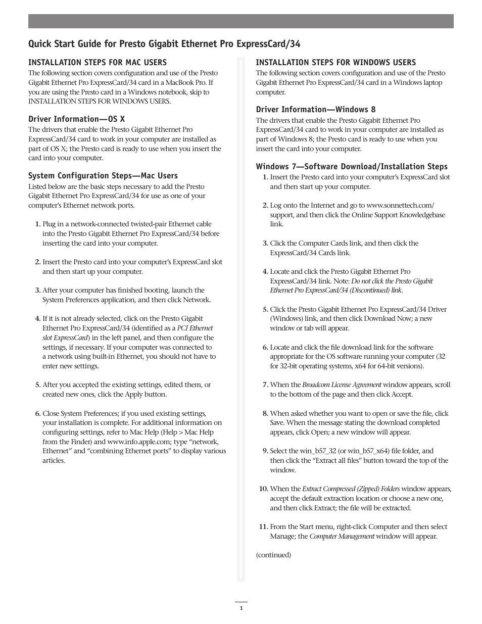 Sonnet Technologies Presto Gigabit Ethernet Pro ExpressCard_34 Quick Start User Manual | 2 pages