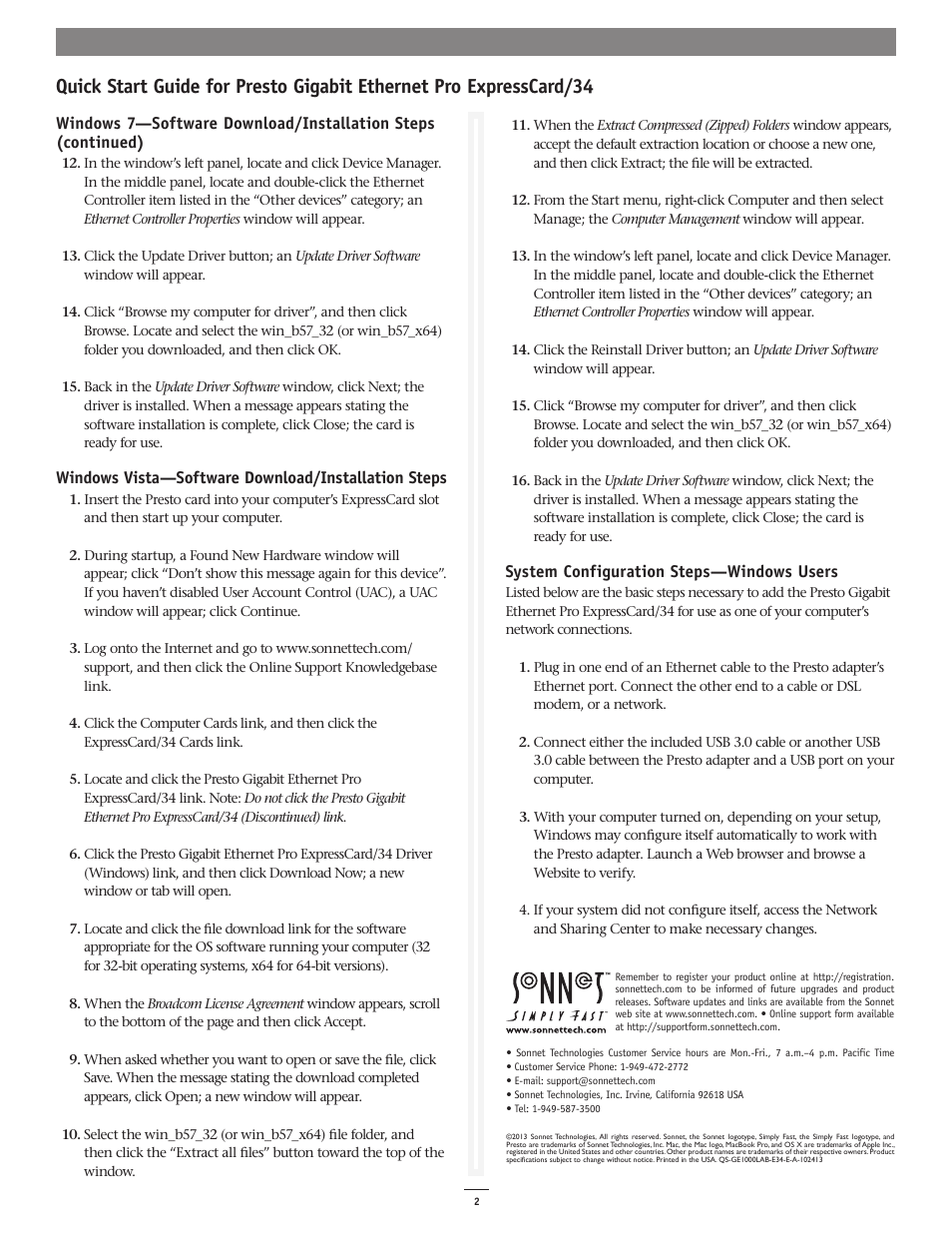 Sonnet Technologies Presto Gigabit Ethernet Pro ExpressCard_34 Quick Start User Manual | Page 2 / 2