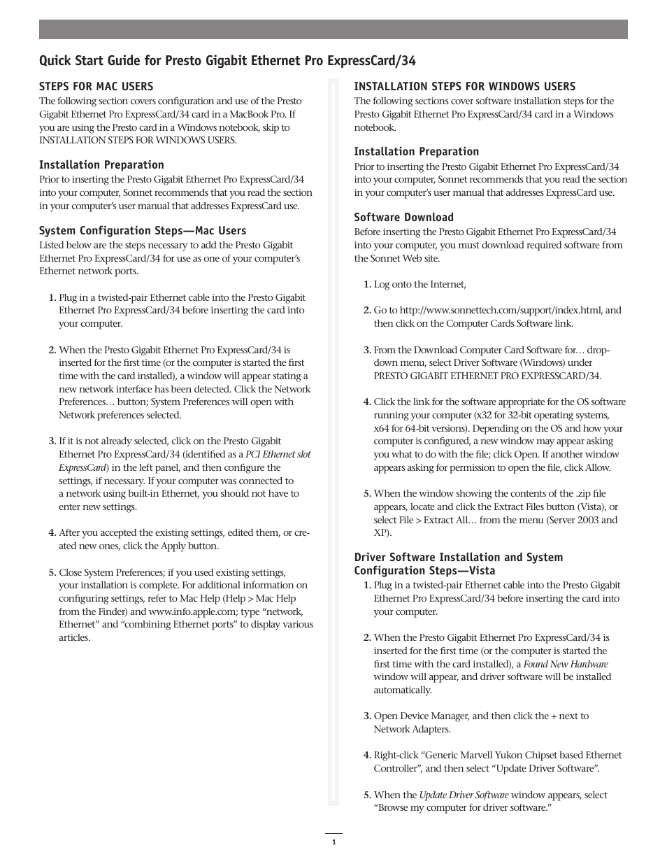 Sonnet Technologies Presto Gigabit Ethernet Pro ExpressCard_34 User Manual | 2 pages