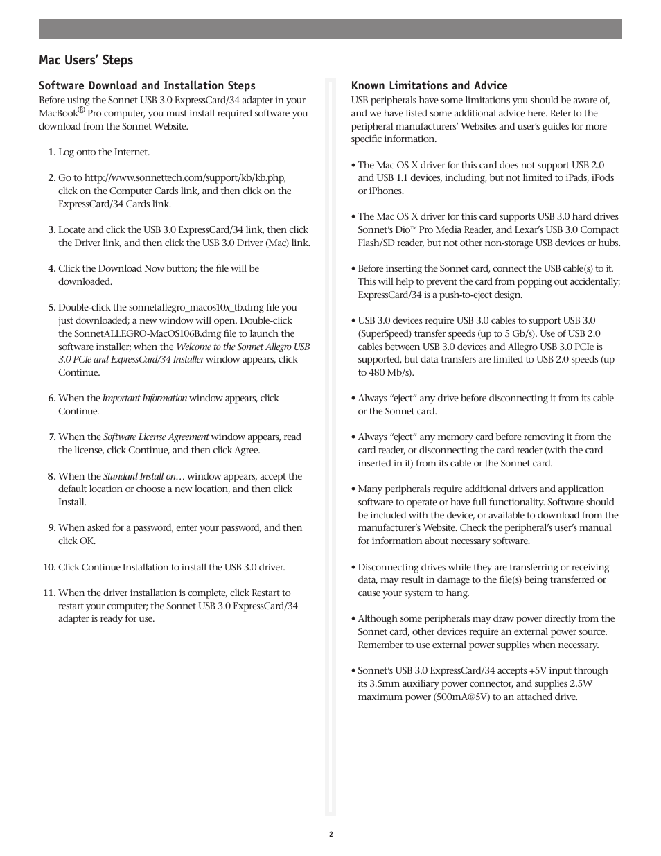 Mac users’ steps | Sonnet Technologies USB 3.0 ExpressCard_34 User Manual | Page 2 / 3