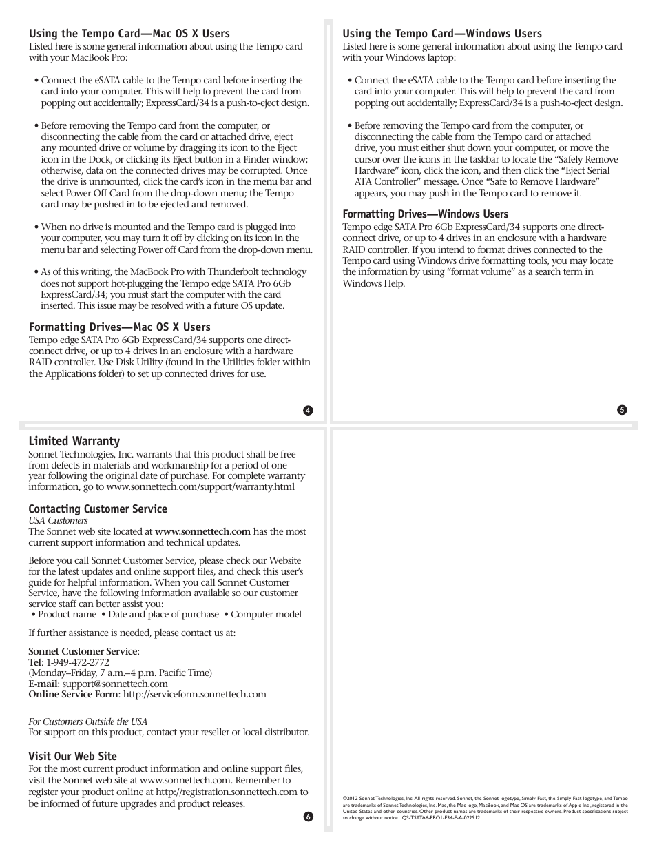 Limited warranty | Sonnet Technologies Tempo edge SATA Pro 6Gb ExpressCard_34 User Manual | Page 2 / 2
