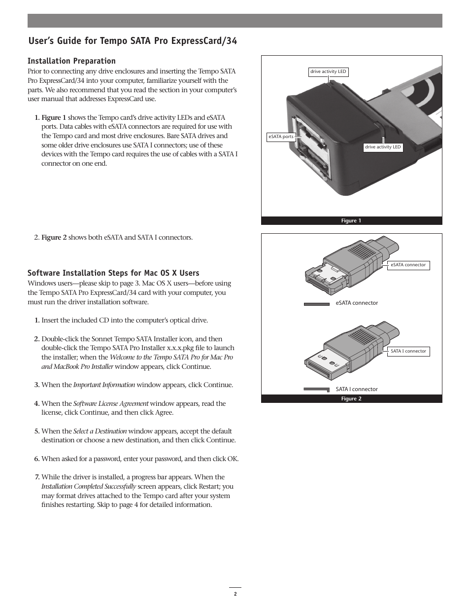 User’s guide for tempo sata pro expresscard/34, Installation preparation, Software installation steps for mac os x users | Sonnet Technologies Tempo SATA Pro ExpressCard_34 User Manual | Page 2 / 8