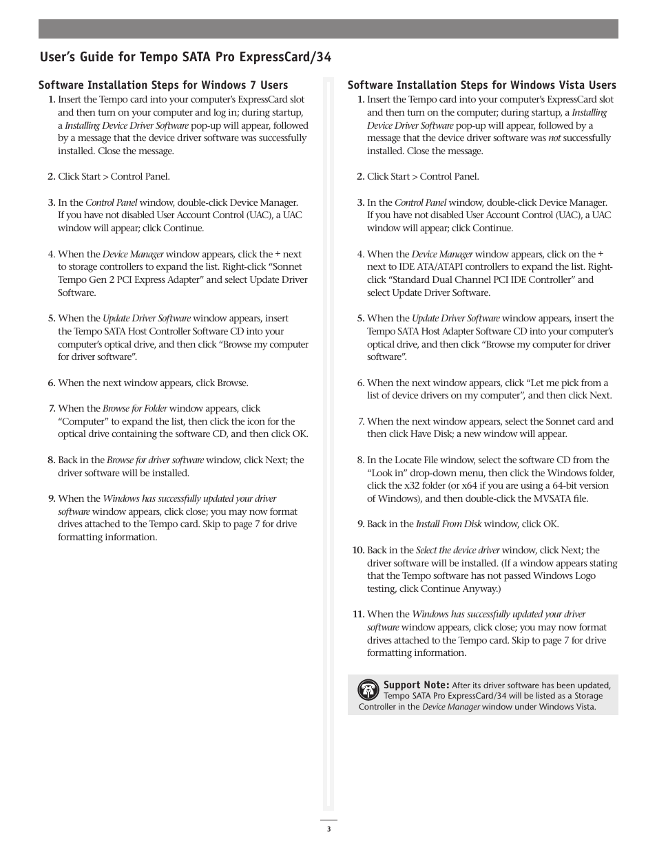 User’s guide for tempo sata pro expresscard/34 | Sonnet Technologies Tempo SATA Pro ExpressCard_34 User Manual | Page 3 / 8