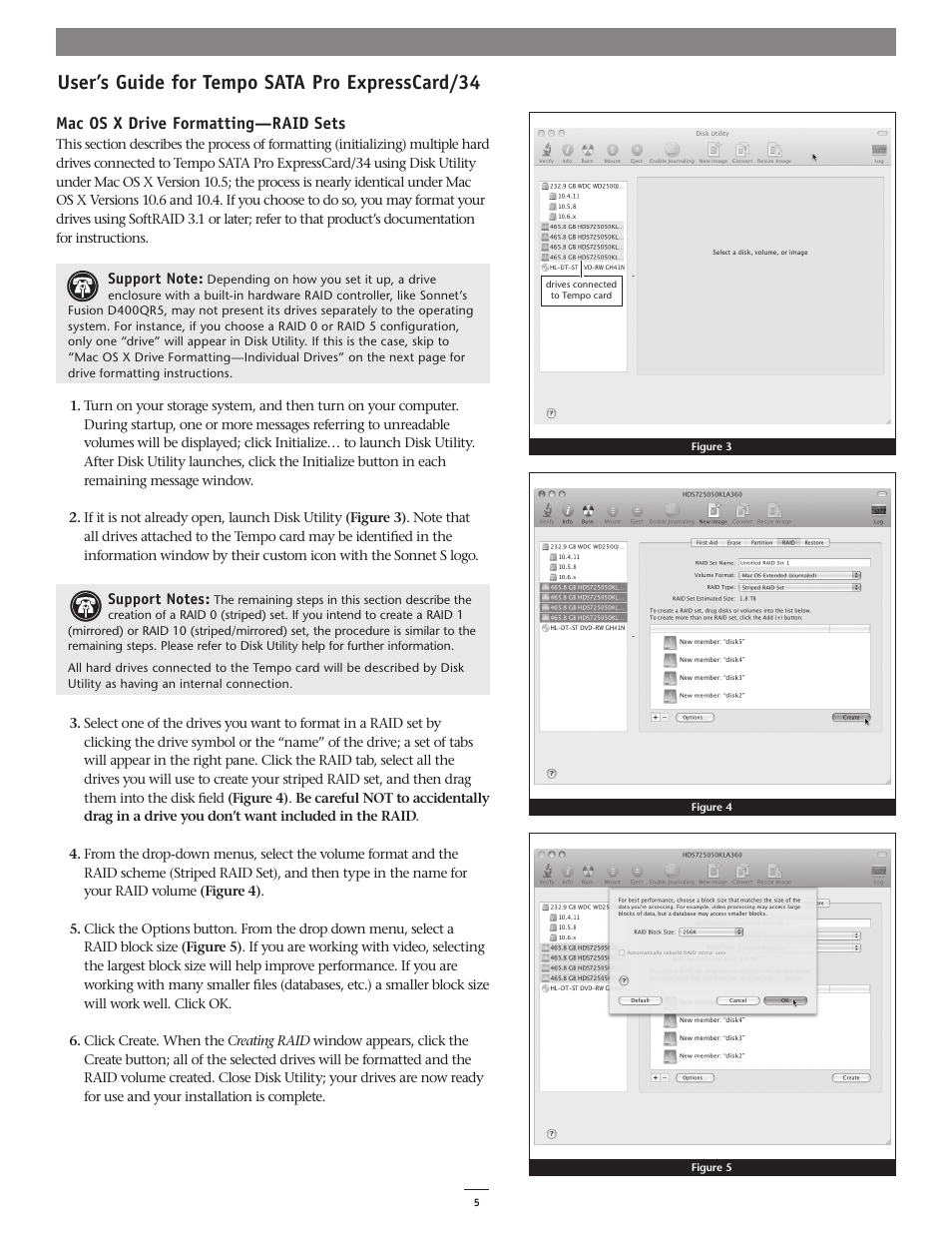 User’s guide for tempo sata pro expresscard/34, Mac os x drive formatting—raid sets | Sonnet Technologies Tempo SATA Pro ExpressCard_34 User Manual | Page 5 / 8