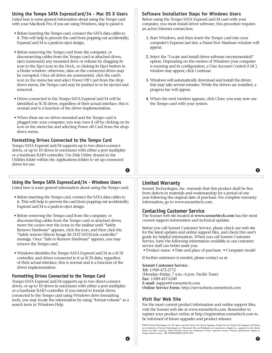 Limited warranty, Contacting customer service | Sonnet Technologies Tempo SATA ExpressCard_34 User Manual | Page 2 / 2