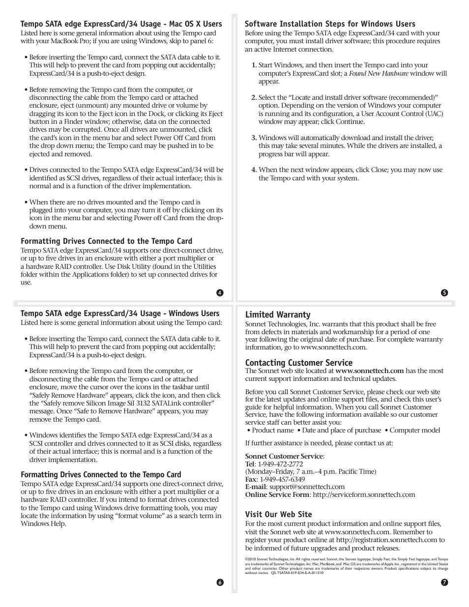 Limited warranty, Contacting customer service | Sonnet Technologies Tempo SATA Edge ExpressCard_34 User Manual | Page 2 / 2