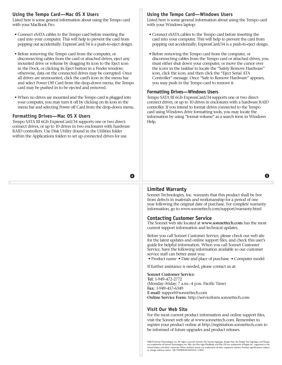 Limited warranty, Contacting customer service | Sonnet Technologies Tempo SATA 6Gb_s ExpressCard_34 User Manual | Page 2 / 2