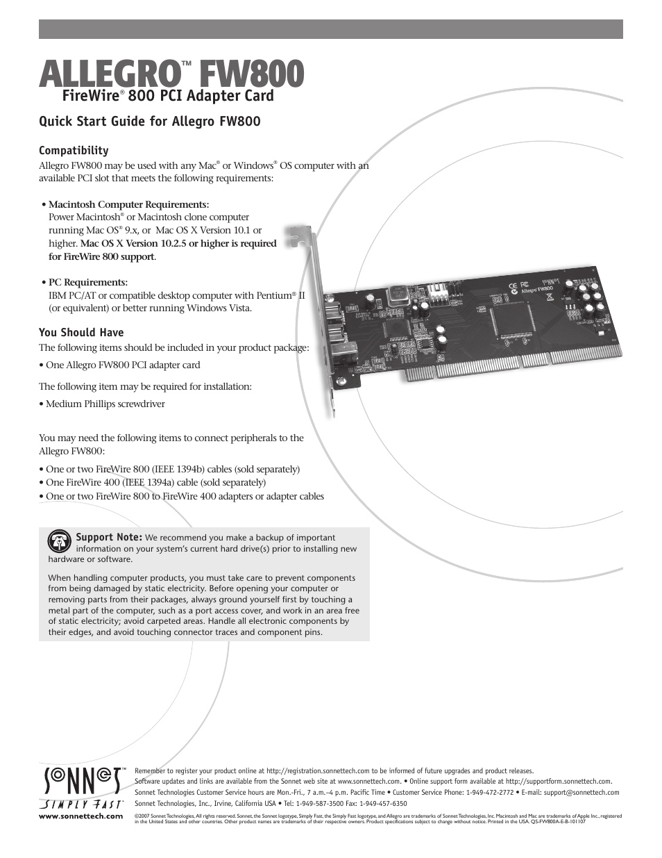 Sonnet Technologies Allegro FW800 FireWire 800 PCI Adapter Card User Manual | 2 pages