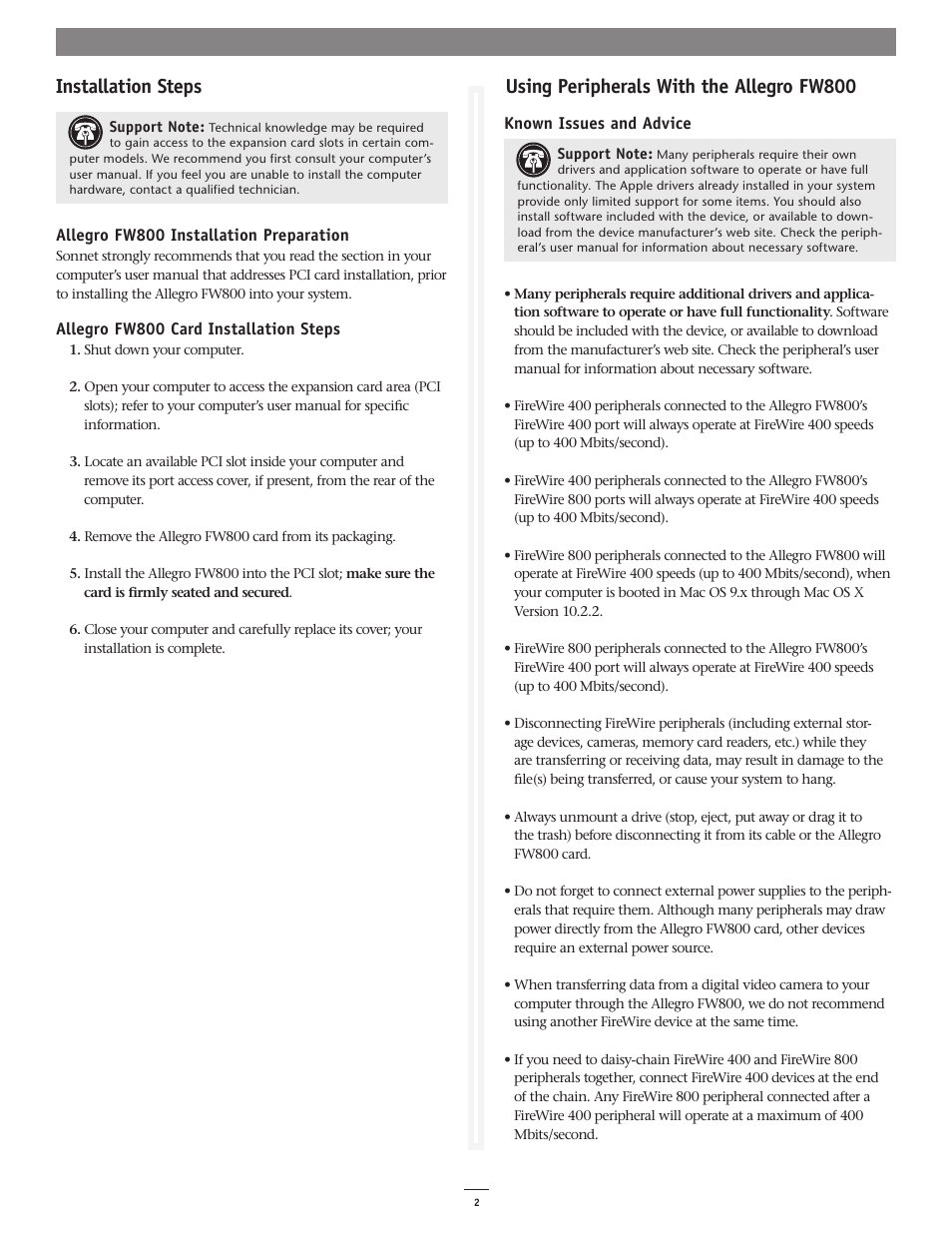 Installationsteps, Usingperipheralswiththeallegrofw800 | Sonnet Technologies Allegro FW800 FireWire 800 PCI Adapter Card User Manual | Page 2 / 2