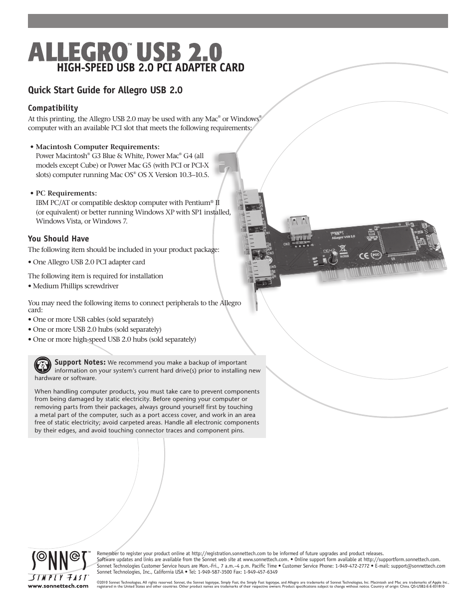 Sonnet Technologies Allegro USB 2.0 PCI Adapter Card User Manual | 2 pages