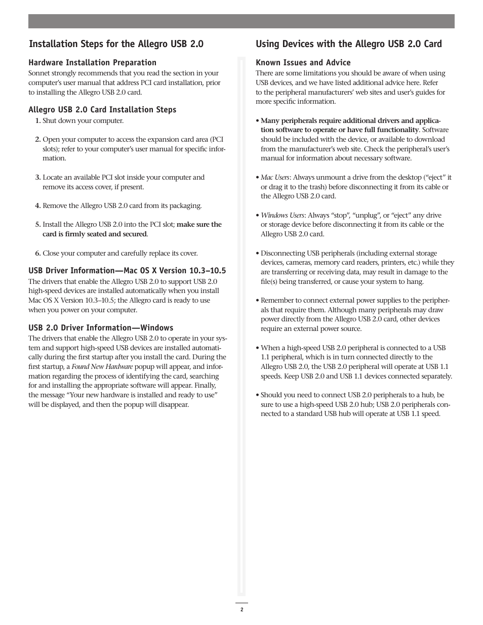 Installation steps for the allegro usb 2.0, Using devices with the allegro usb 2.0 card | Sonnet Technologies Allegro USB 2.0 PCI Adapter Card User Manual | Page 2 / 2