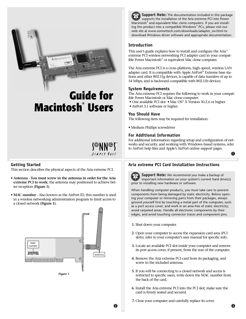 Sonnet Technologies Aria extreme PCI Adapter Card User Manual | 4 pages