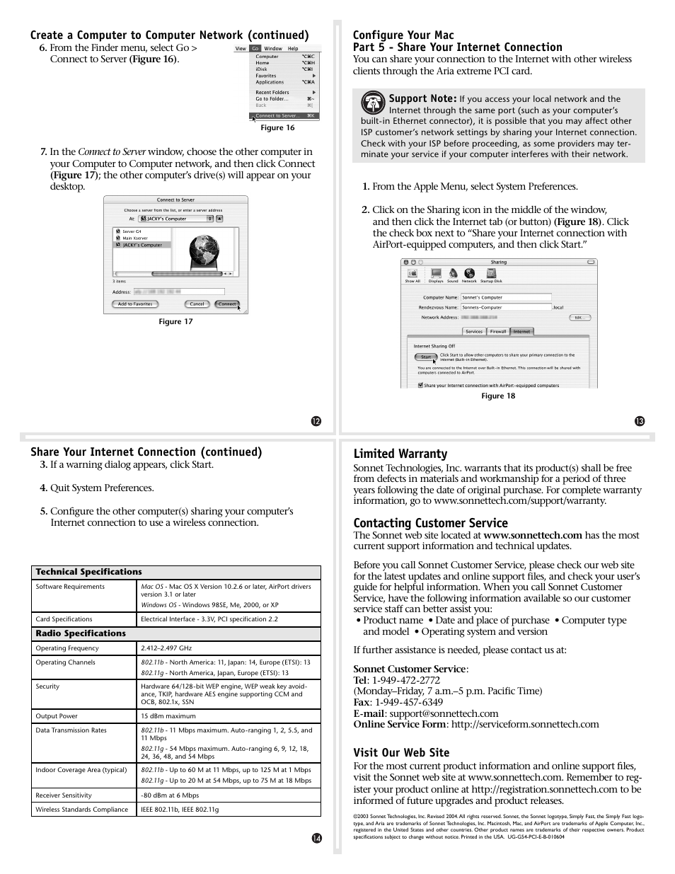 Limited warranty, Contacting customer service, Share your internet connection (continued) | Visit our web site, Create a computer to computer network (continued) | Sonnet Technologies Aria extreme PCI Adapter Card User Manual | Page 4 / 4