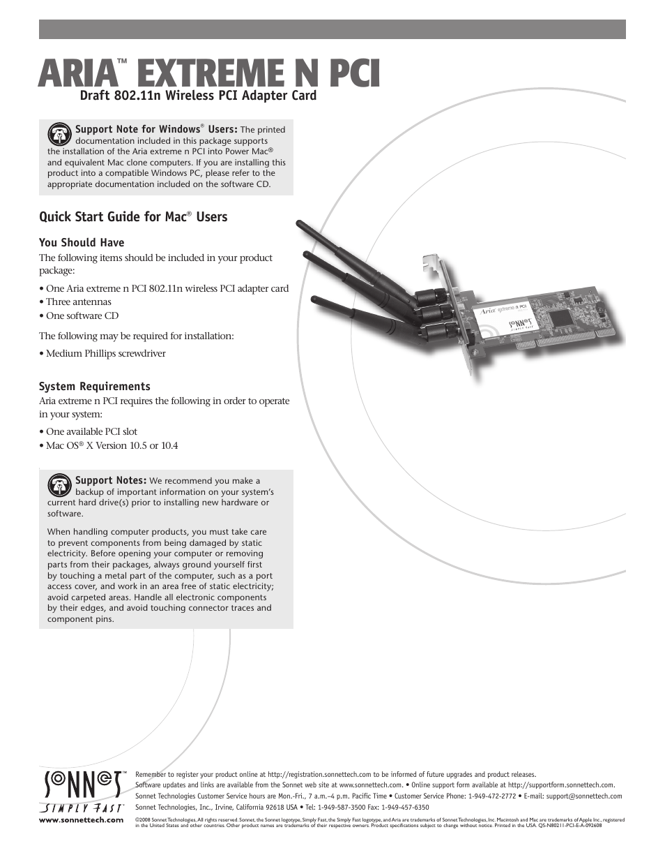 Sonnet Technologies Aria Extreme N PCI Adapter Card User Manual | 5 pages