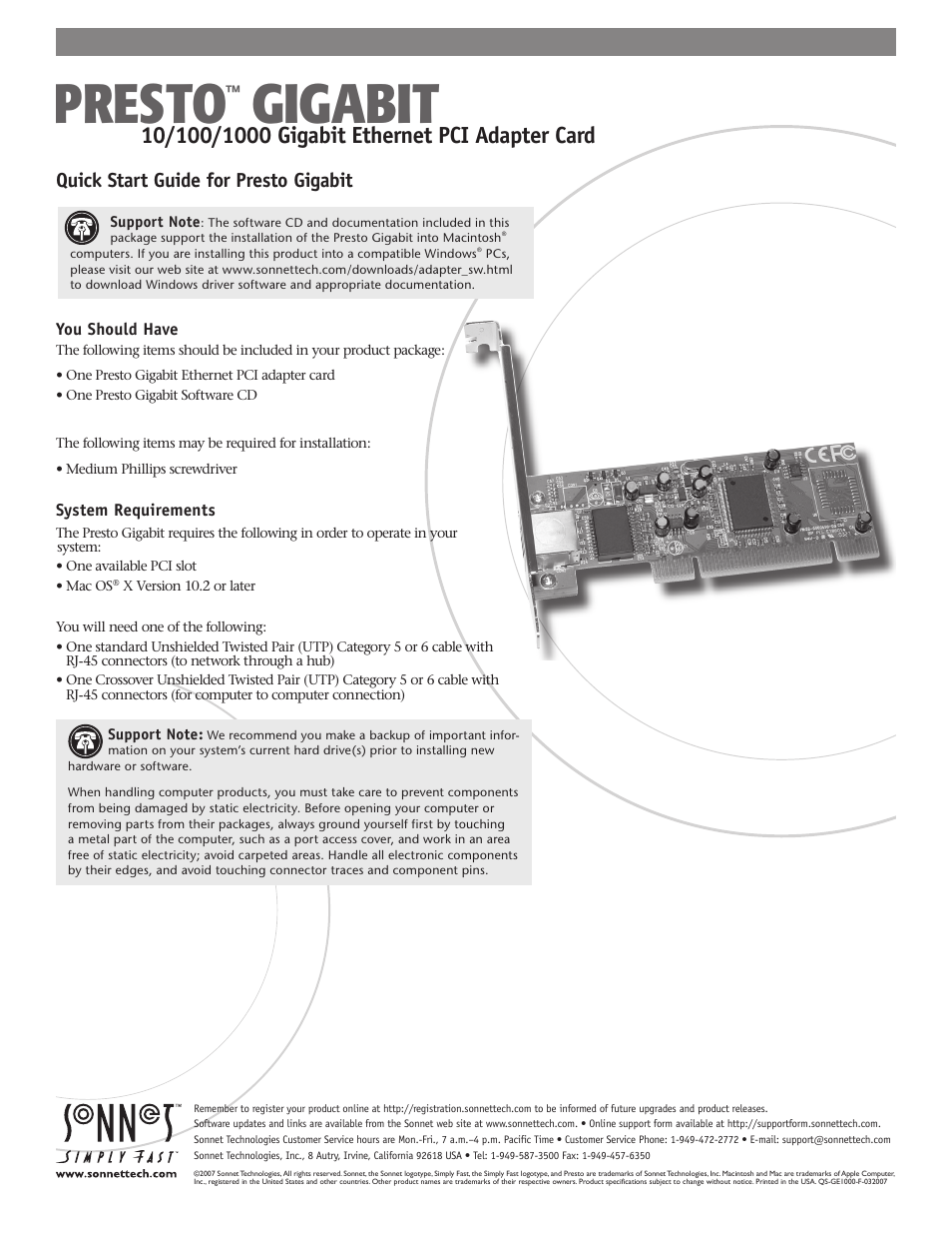 Sonnet Technologies Presto Gigabit PCI Adapter Card User Manual | 2 pages