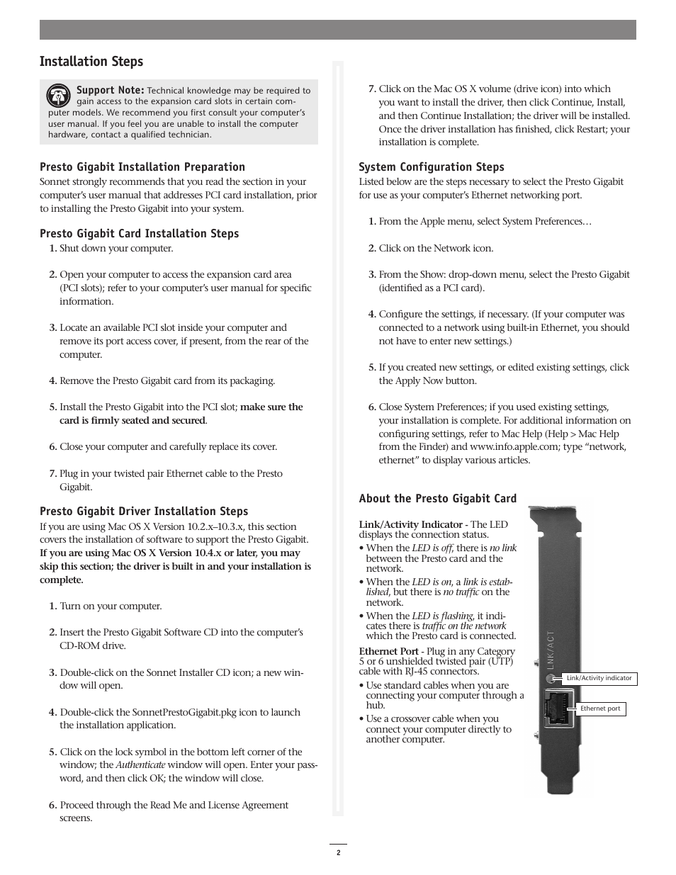 Installation steps | Sonnet Technologies Presto Gigabit PCI Adapter Card User Manual | Page 2 / 2