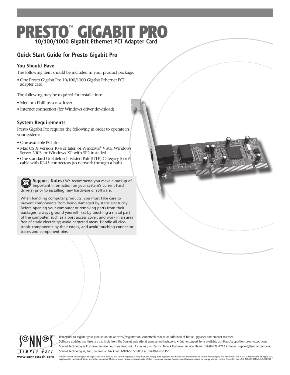Sonnet Technologies Presto Gigabit Pro PCI Adapter User Manual | 3 pages