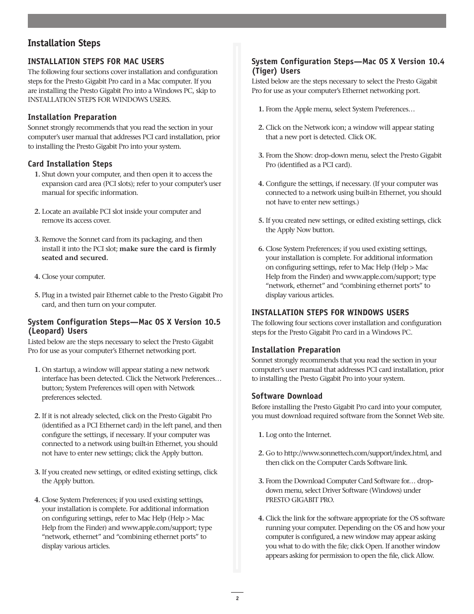 Installation steps | Sonnet Technologies Presto Gigabit Pro PCI Adapter User Manual | Page 2 / 3