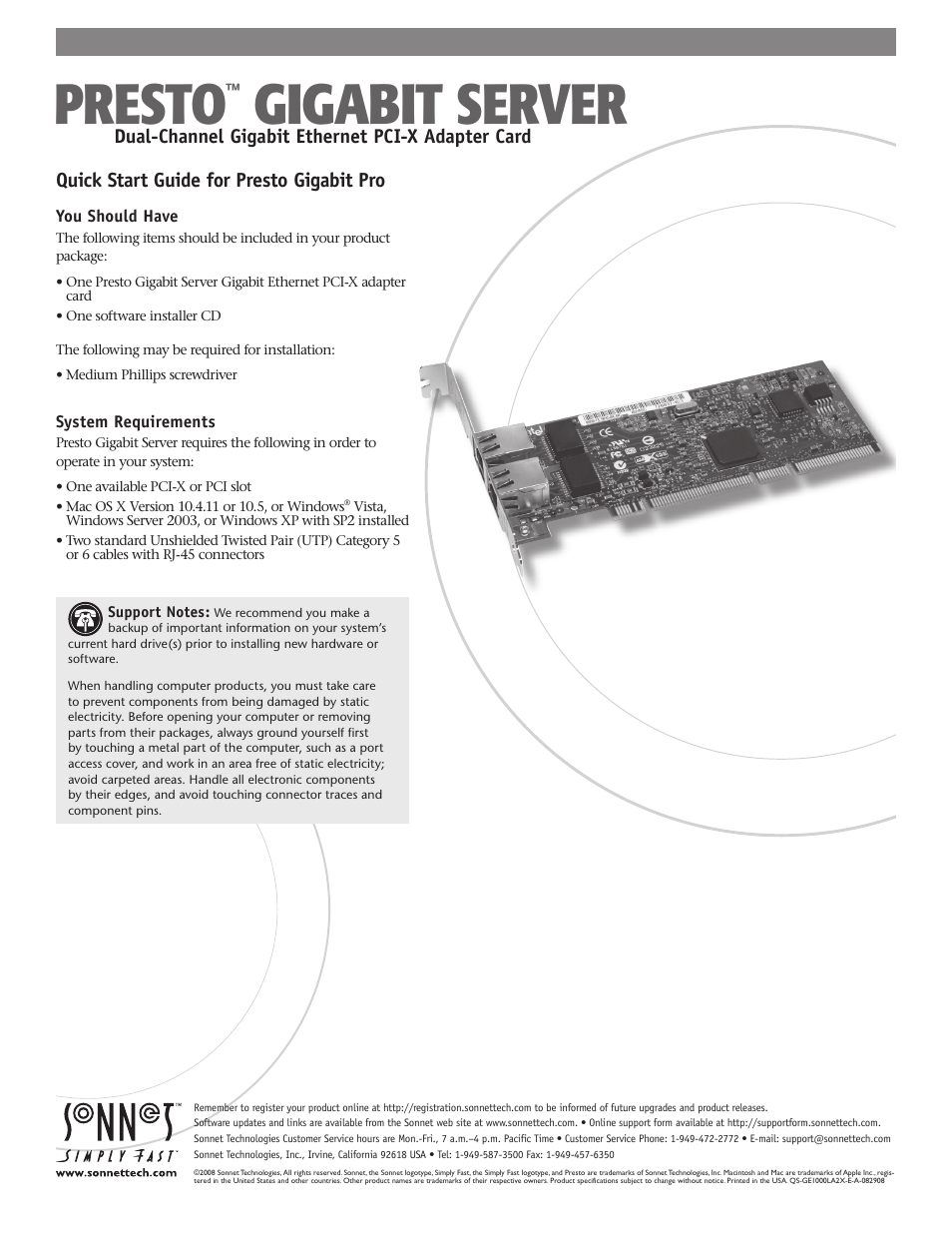 Sonnet Technologies Presto Gigabit Server Dual-Channel Gigabit Ethernet PCI-X Adapter Card User Manual | 3 pages