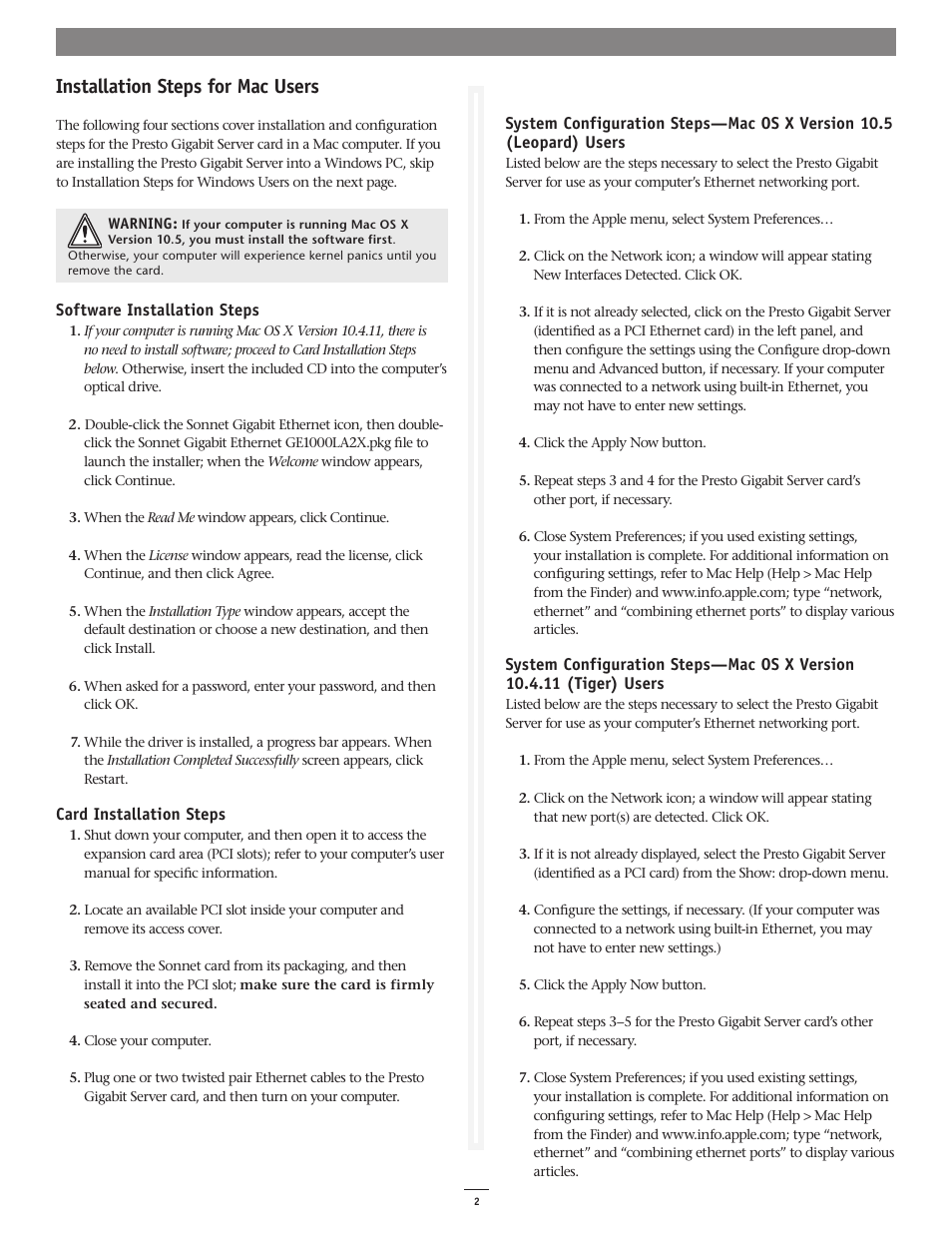 Installation steps for mac users | Sonnet Technologies Presto Gigabit Server Dual-Channel Gigabit Ethernet PCI-X Adapter Card User Manual | Page 2 / 3