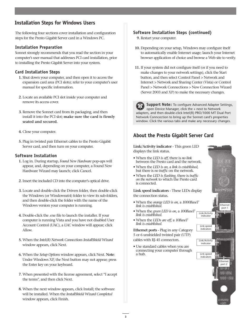 Installation steps for windows users, About the presto gigabit server card, Software installation steps (continued) | Installation preparation, Card installation steps, Software installation | Sonnet Technologies Presto Gigabit Server Dual-Channel Gigabit Ethernet PCI-X Adapter Card User Manual | Page 3 / 3