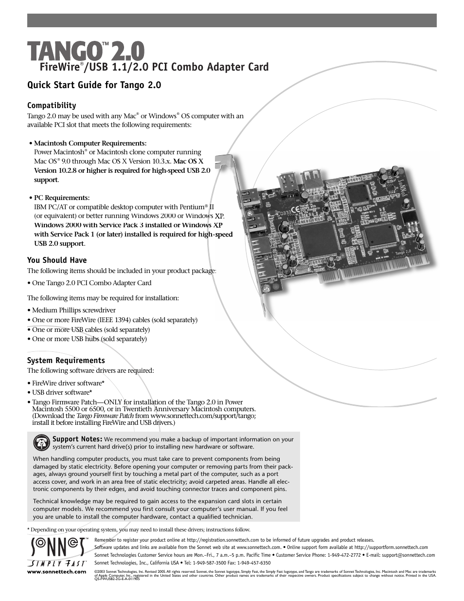 Sonnet Technologies Tango 2.0 FireWire_USB 1.1_2.0 PCI Combo Adapter Card User Manual | 6 pages