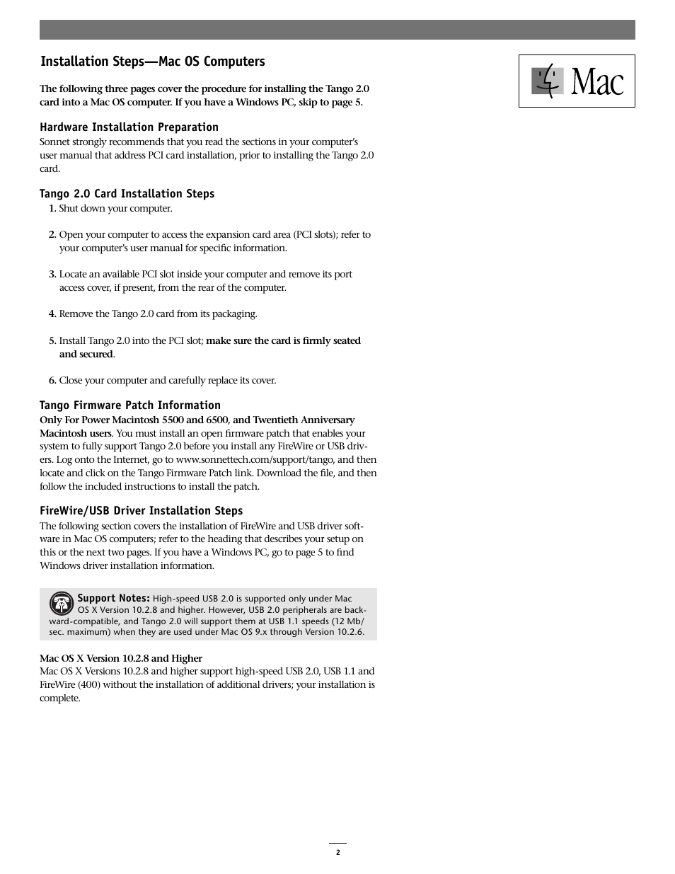 Installation steps—mac os computers | Sonnet Technologies Tango 2.0 FireWire_USB 1.1_2.0 PCI Combo Adapter Card User Manual | Page 2 / 6