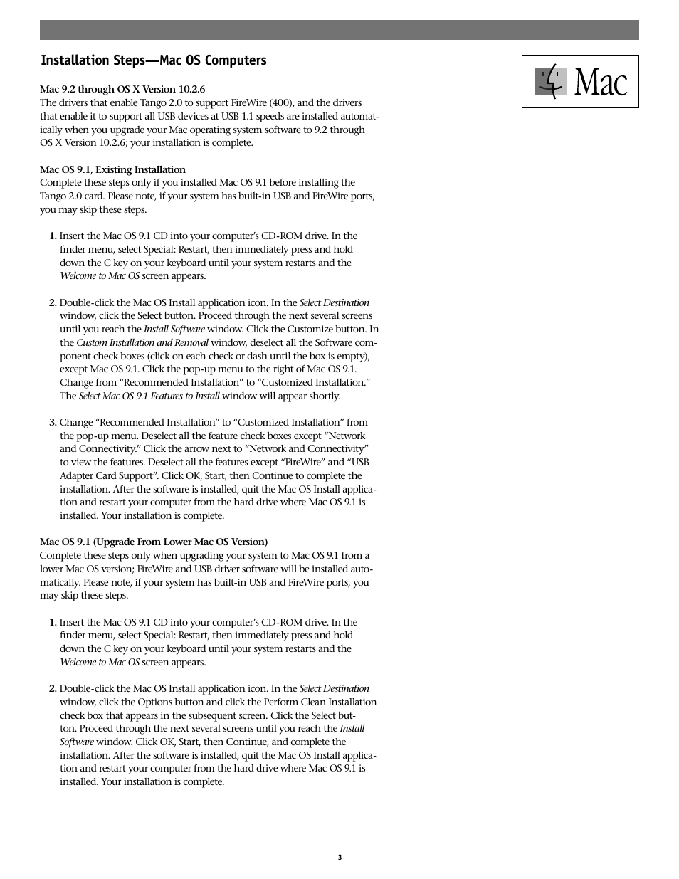 Installation steps—mac os computers | Sonnet Technologies Tango 2.0 FireWire_USB 1.1_2.0 PCI Combo Adapter Card User Manual | Page 3 / 6